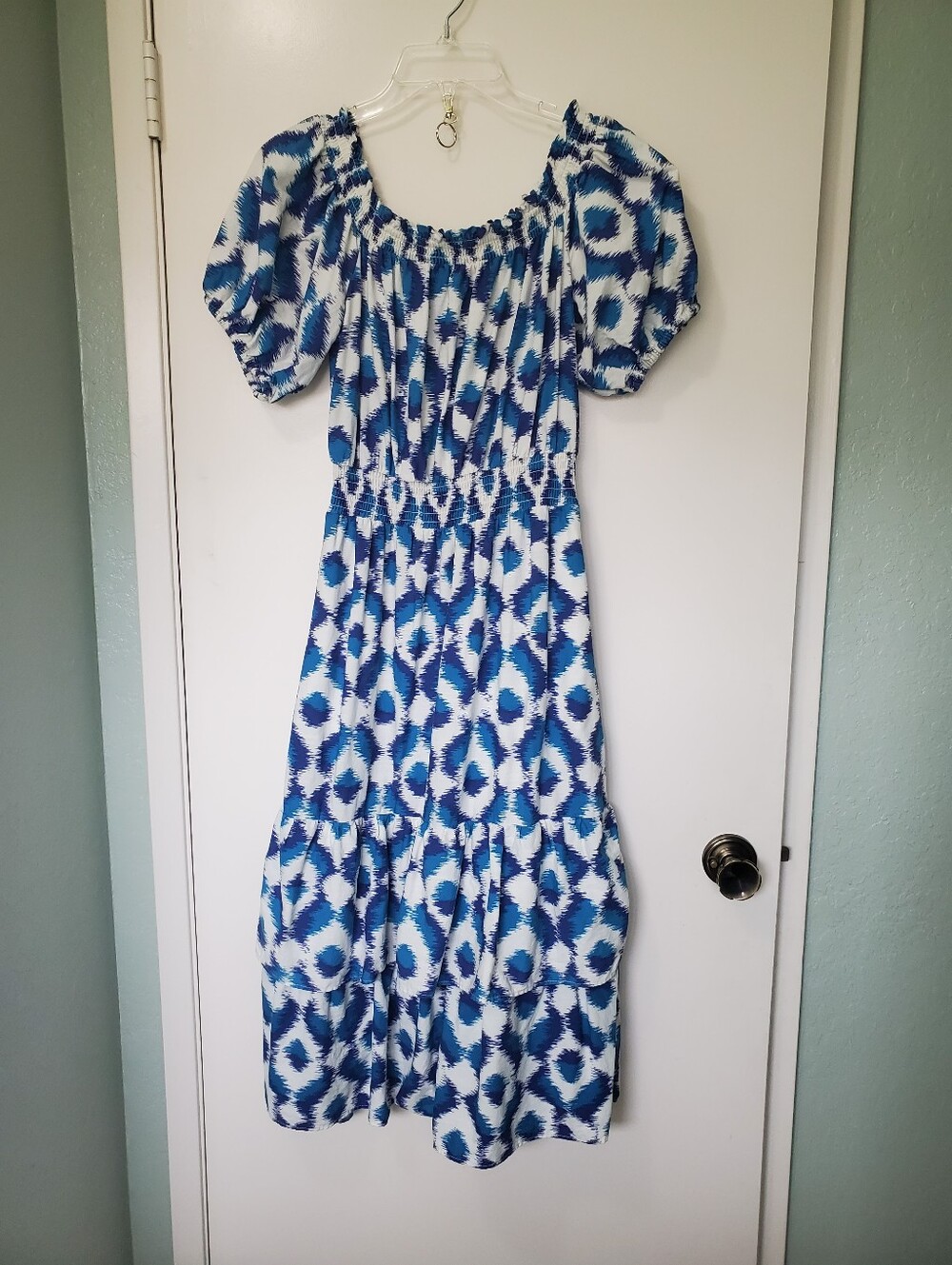 Knox Rose Blue Print Shirred Neckline Puff Sleeve Midi Ruffle Hem Dress XS Twee